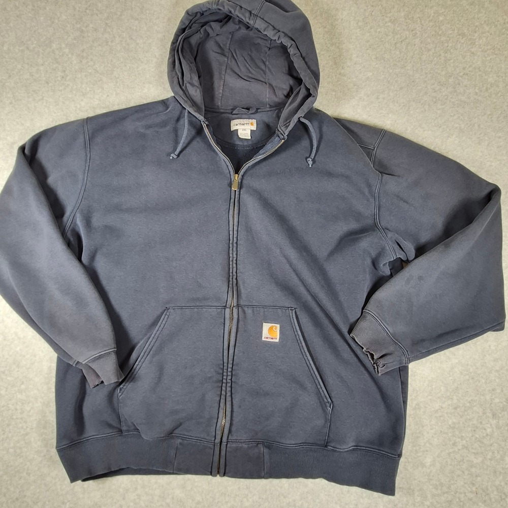 Carhartt Full Zip Hoodie Mens 2XL Navy Blue Distressed Workwear Heavyweight